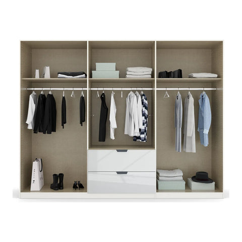 Rauch Modern Mulheim 6 Door White Glass Wardrobe with Mirror and Drawers - Interior 