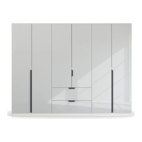 Rauch Modern Mulheim 6 Door White Glass Wardrobe with Mirror and Drawers - Front