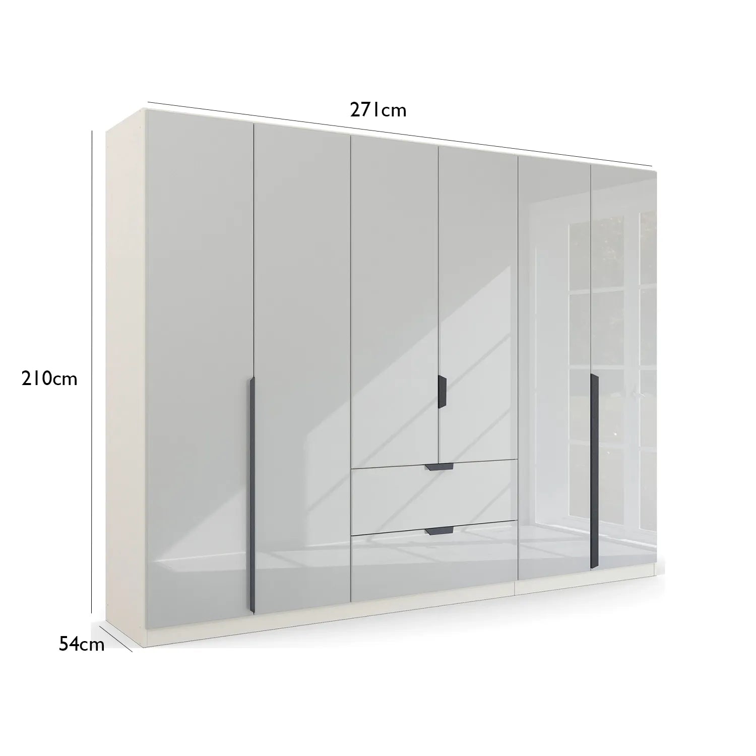 Rauch Modern Mulheim 6 Door White Glass Wardrobe with Mirror and Drawers - Dimensions 
