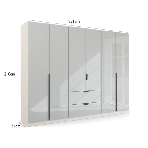 Rauch Modern Mulheim 6 Door White Glass Wardrobe with Mirror and Drawers - Dimensions 