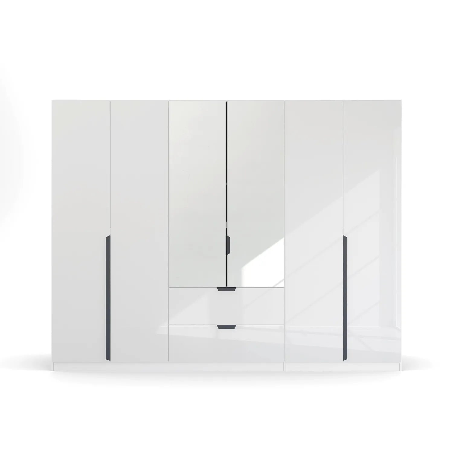 Rauch Modern Mulheim 6 Door White Glass Wardrobe with Mirror and Drawers - Front 