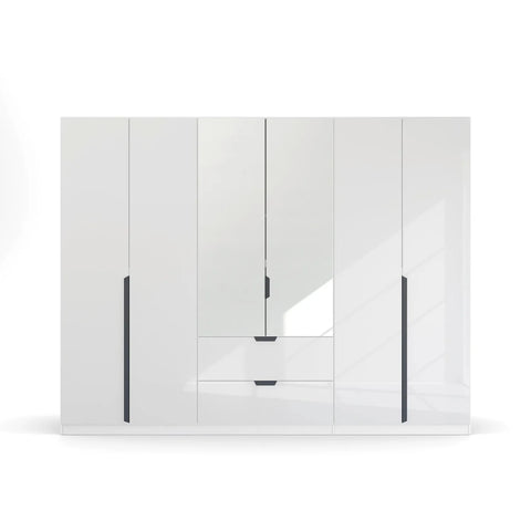 Rauch Modern Mulheim 6 Door White Glass Wardrobe with Mirror and Drawers - Front 