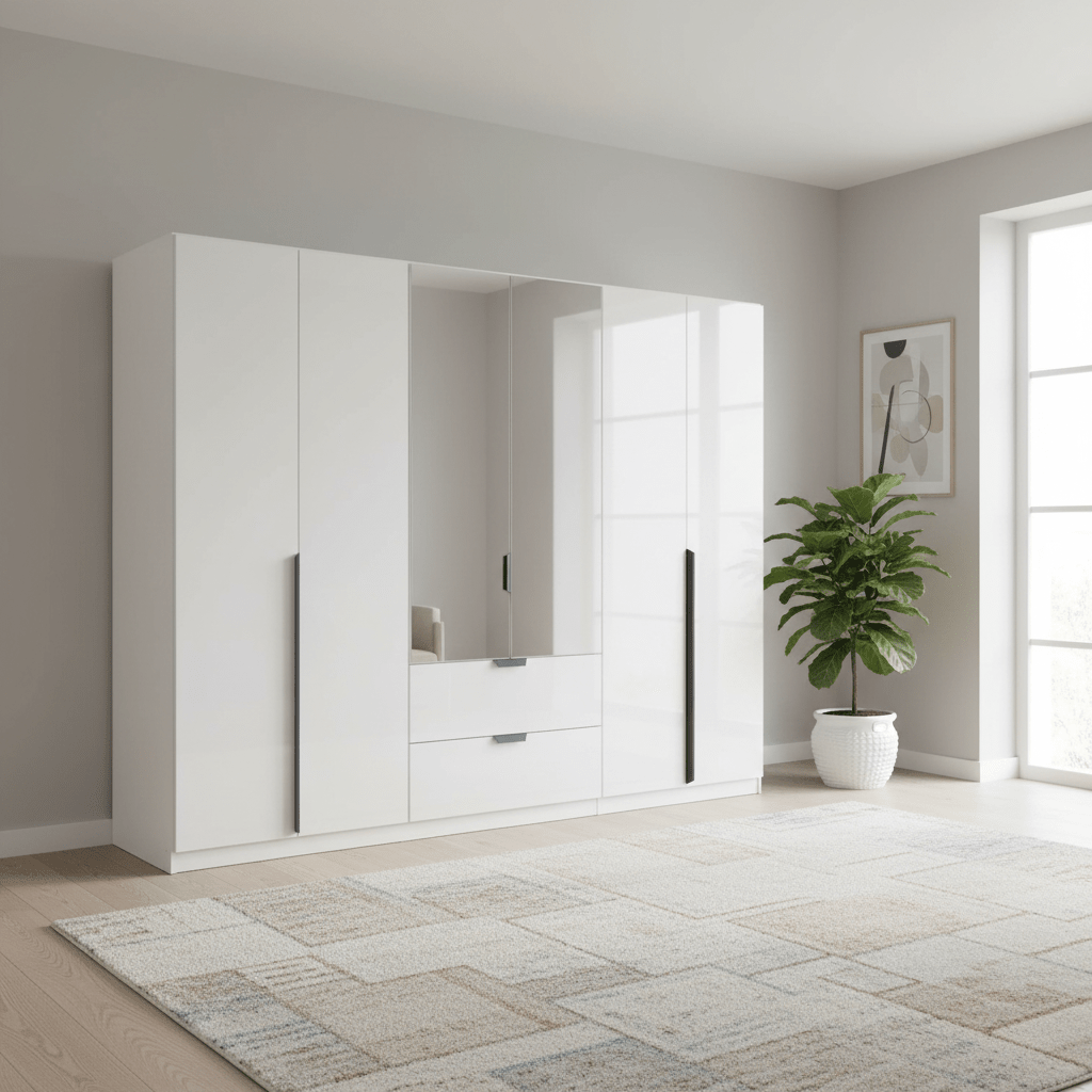 Mulheim 6 Door White Glass Wardrobe with Mirror and Drawers