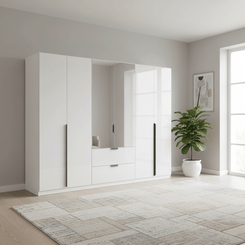 Mulheim 6 Door White Glass Wardrobe with Mirror and Drawers