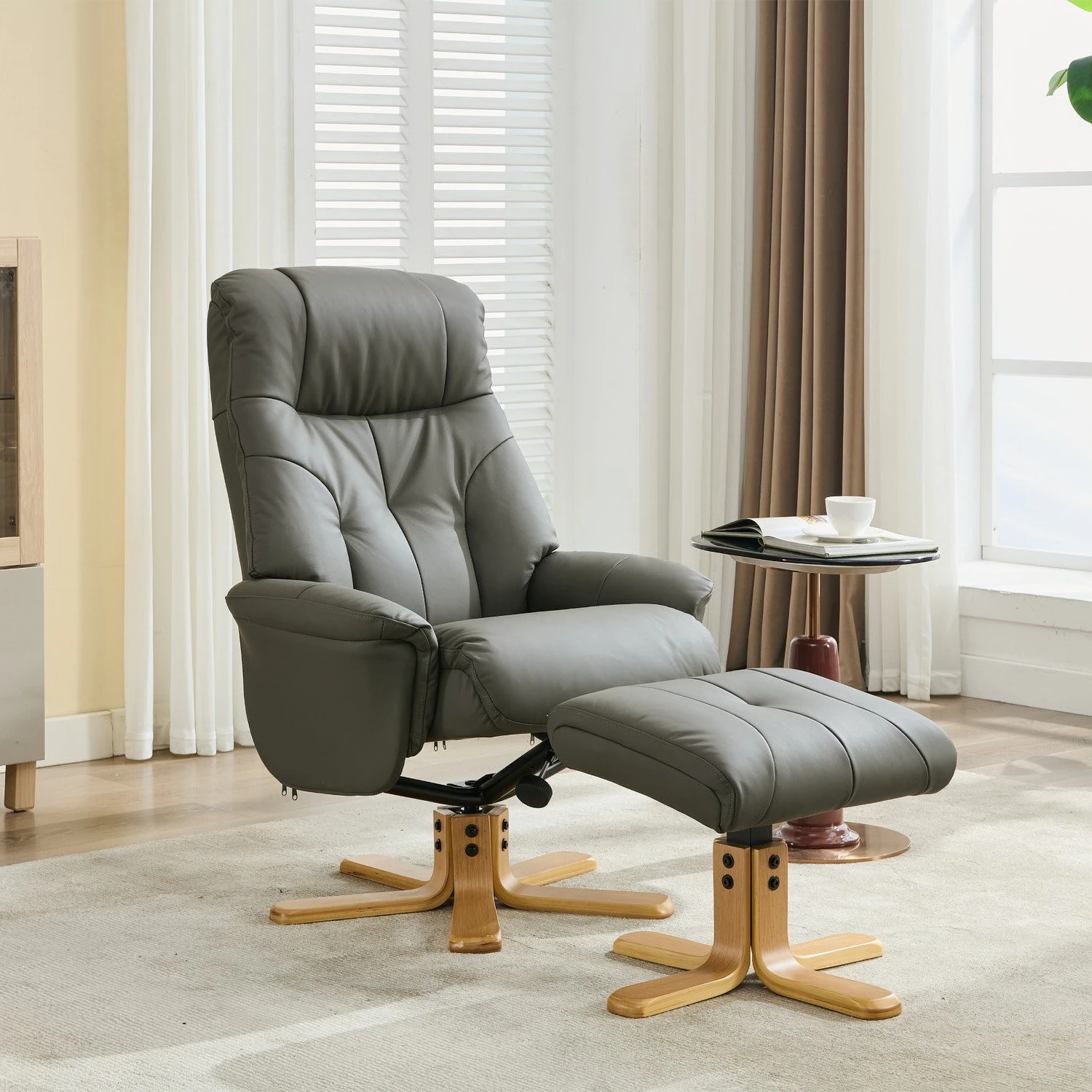Shop the premium Muskat leather swivel recliner chair with matching footstool. Manual recline, 360° swivel and curved wooden star base.
