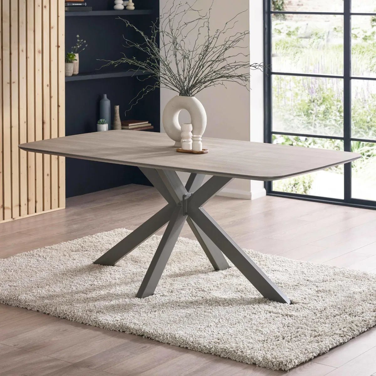 Newham Oak - Effect Dining Table with 6 Ivory Chenille Dining Chairs - Pendle Village Furniture