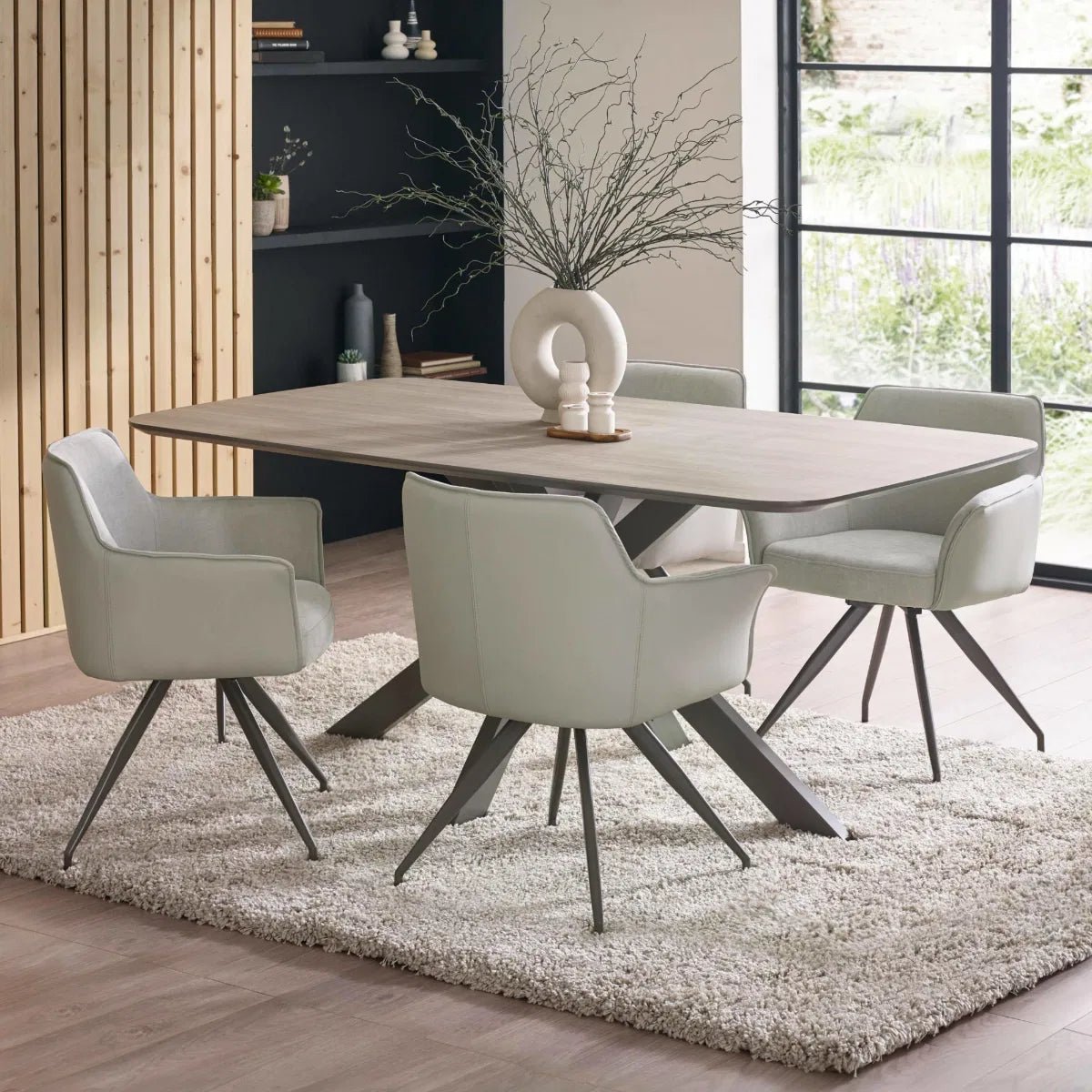Newham Oak - Effect Dining Table with 6 Ivory Chenille Dining Chairs - Pendle Village Furniture