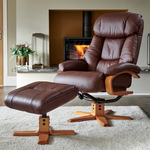 Napoli Leather Swivel Recliner Chair with Footstool in lifestyle setting 