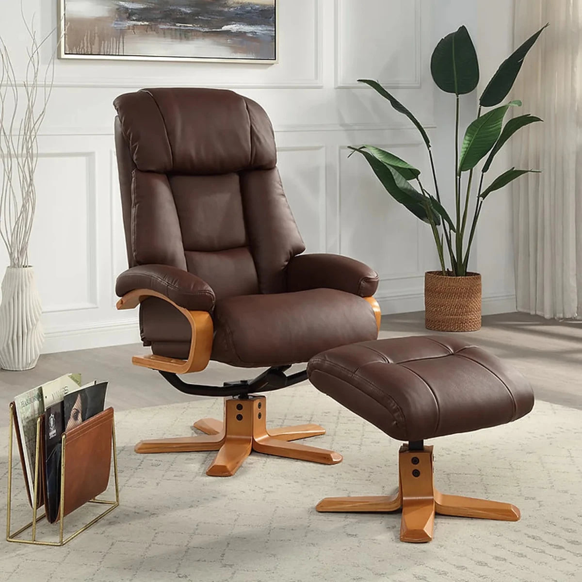 Lifestyle image of Napoli Leather Swivel Recliner Chair with Footstool in Chestnut
