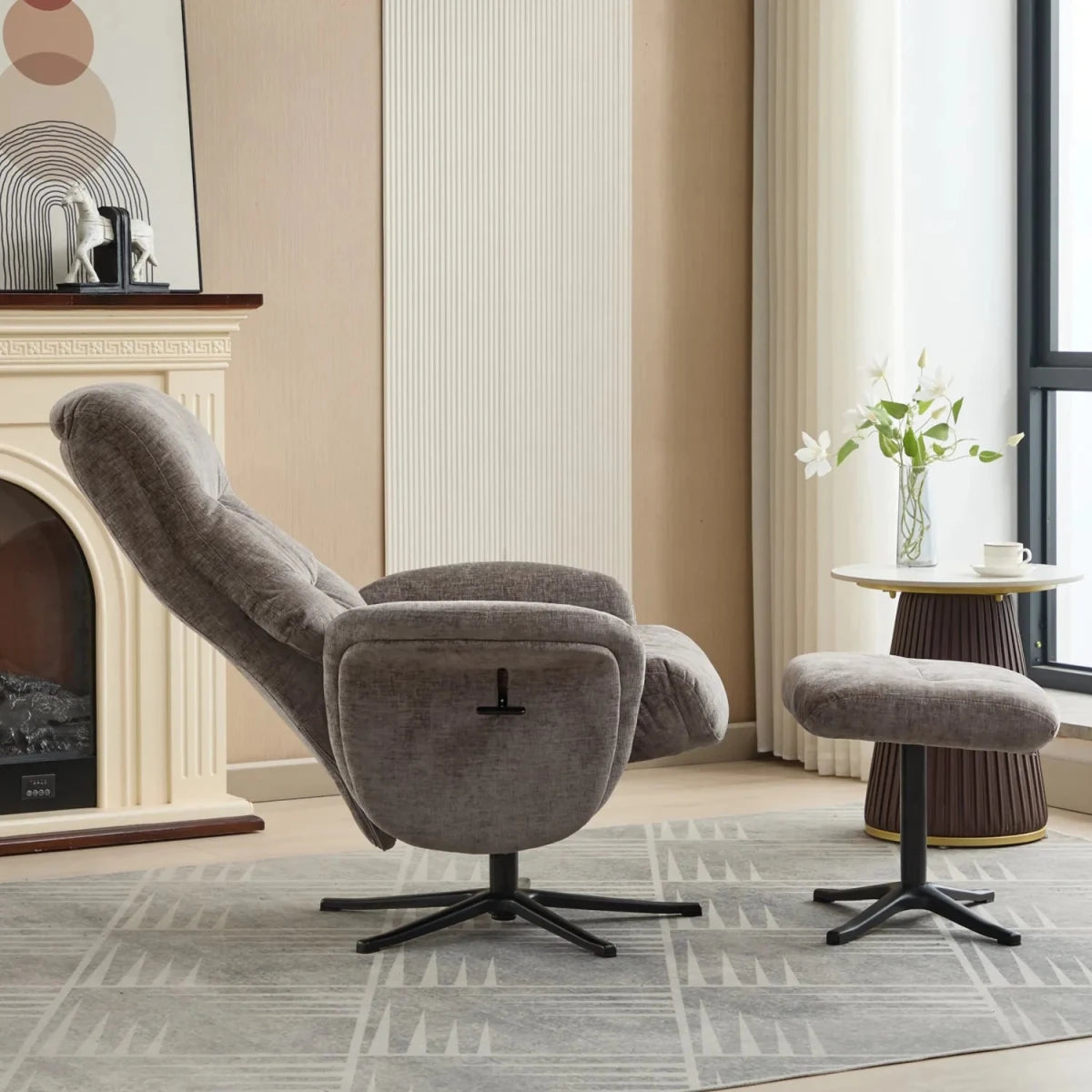 Side View of Nebraska Fabric Swivel Recliner Chair with Footstool in Reclining position 