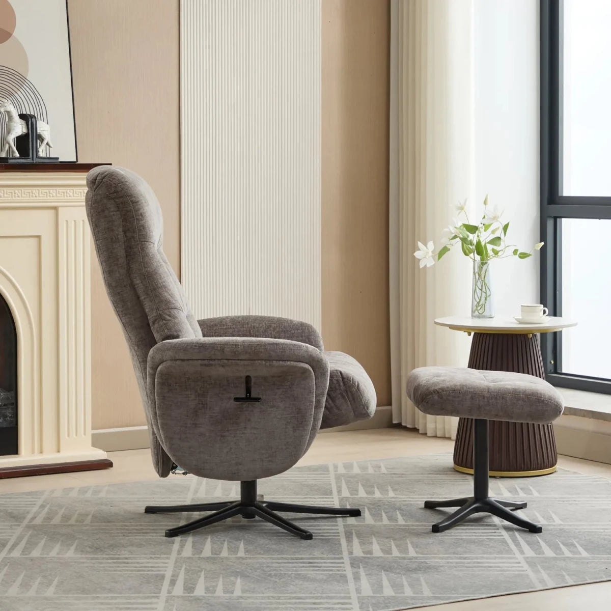 Side view of Nebraska Fabric Swivel Recliner Chair with Footstool shows where handle is located 