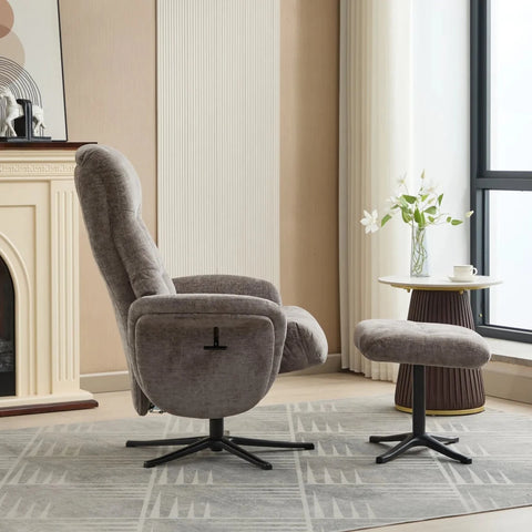 Side view of Nebraska Fabric Swivel Recliner Chair with Footstool shows where handle is located 