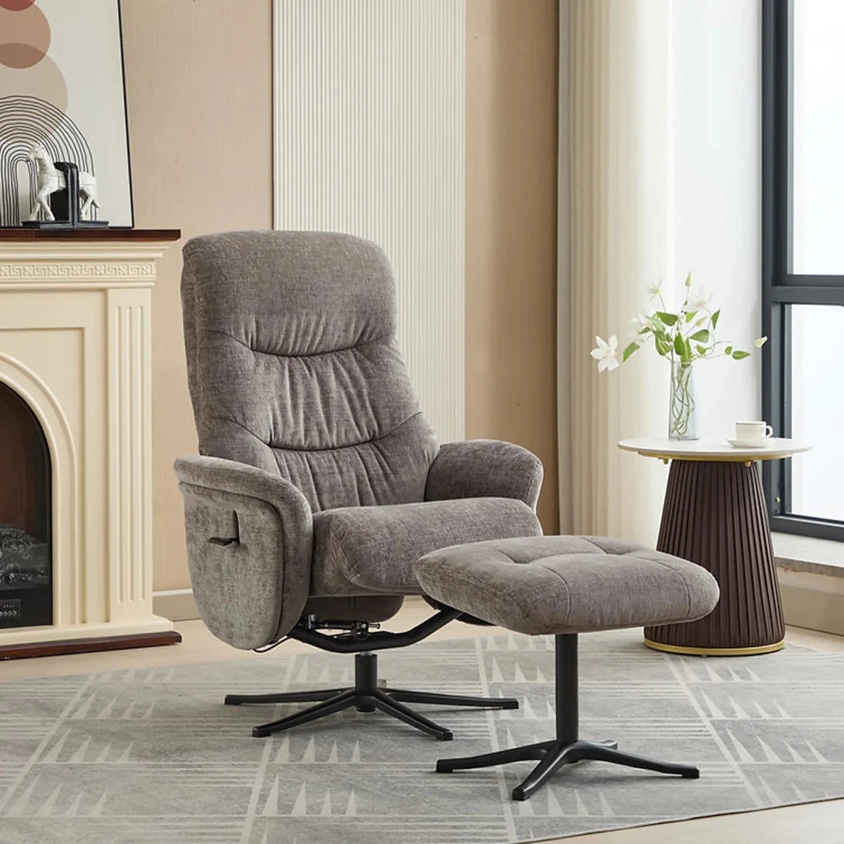 Lifestyle image of Nebraska Fabric Swivel Recliner Chair with Footstool