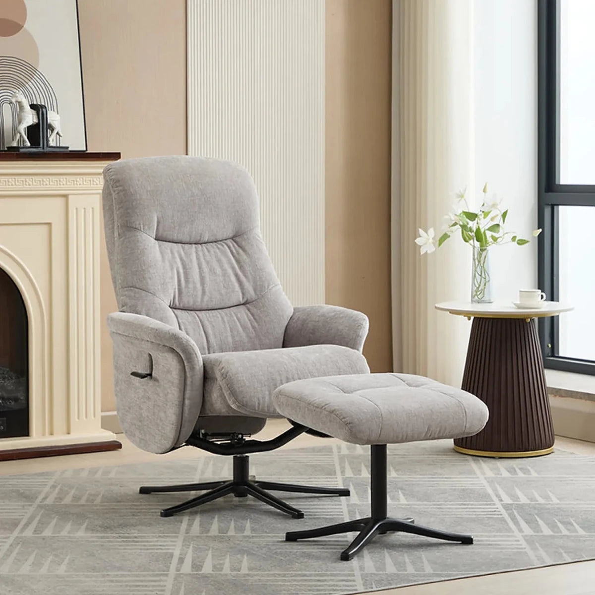 Nebraska Fabric Swivel Recliner Chair with Footstool in Cloud Grey