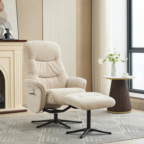 Nebraska Fabric Swivel Recliner Chair with Footstool in Barley Cream fabric