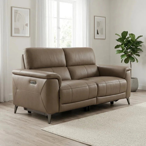Modern three-seater leather recliner with telescopic headrests and soft seating.