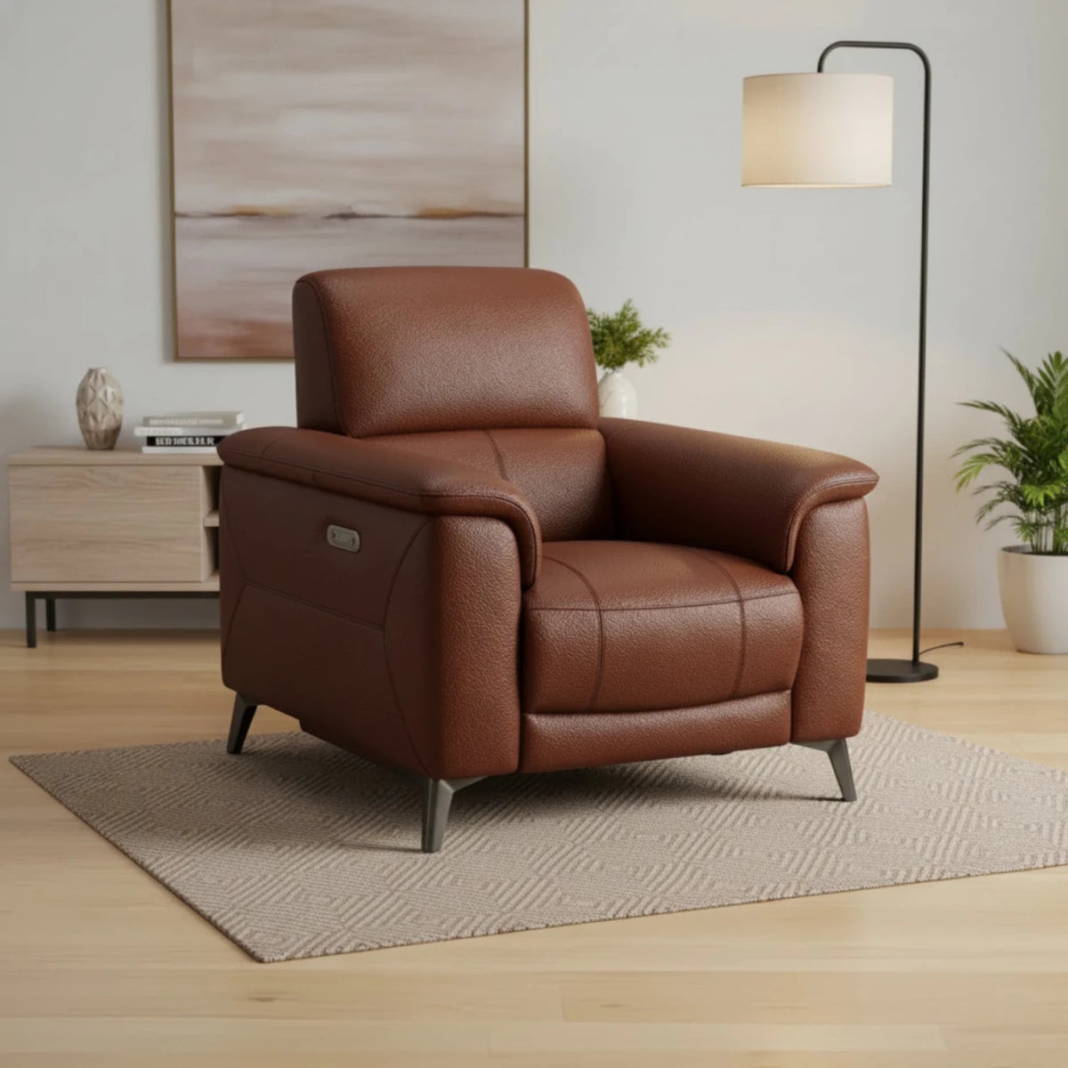 Neo Prestige leather power recliner armchair with telescopic headrest.