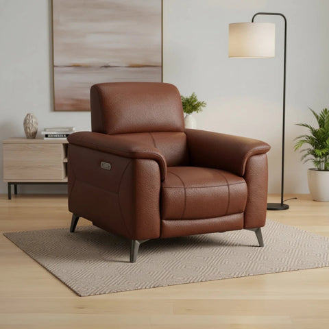 Neo Prestige leather power recliner armchair with telescopic headrest.