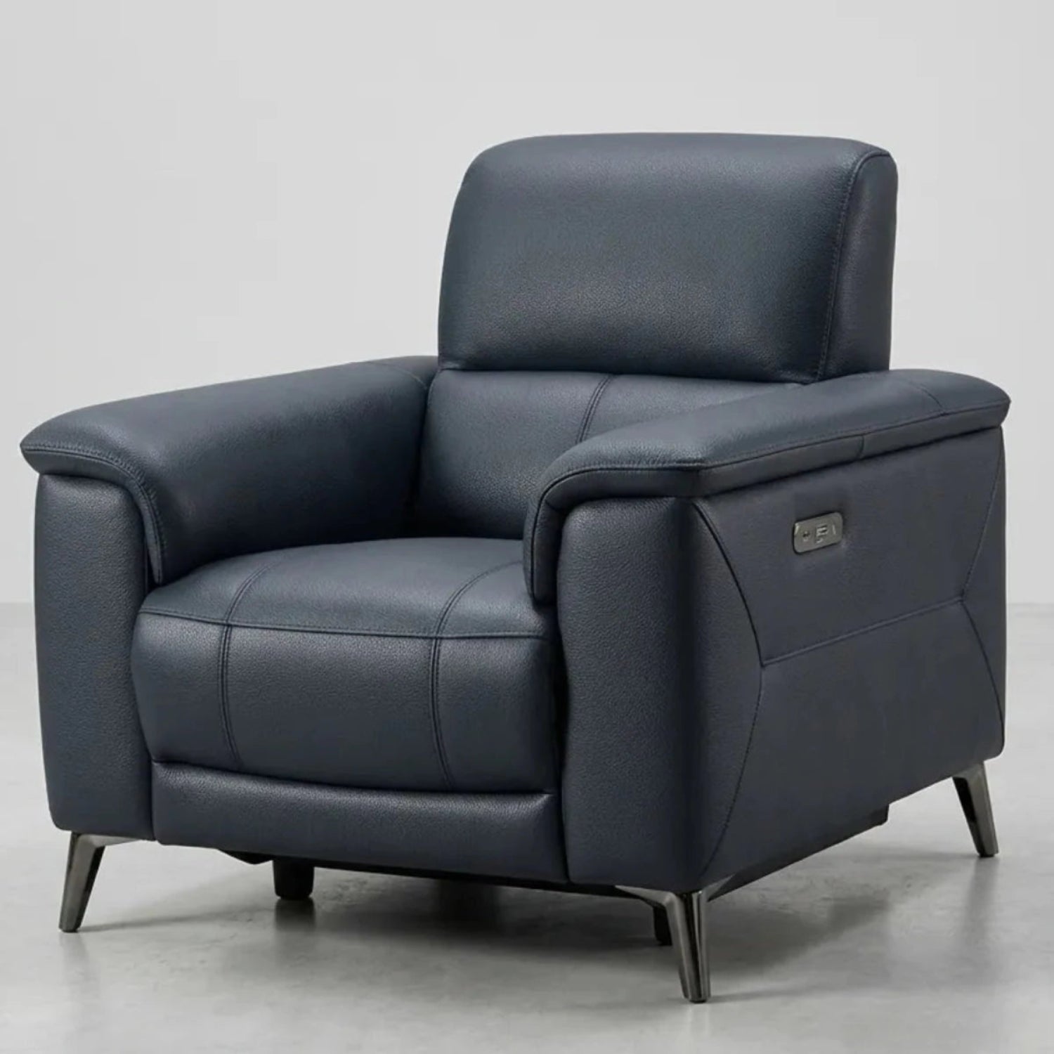 Modern leather recliner chair with USB charging and soft cushioning.