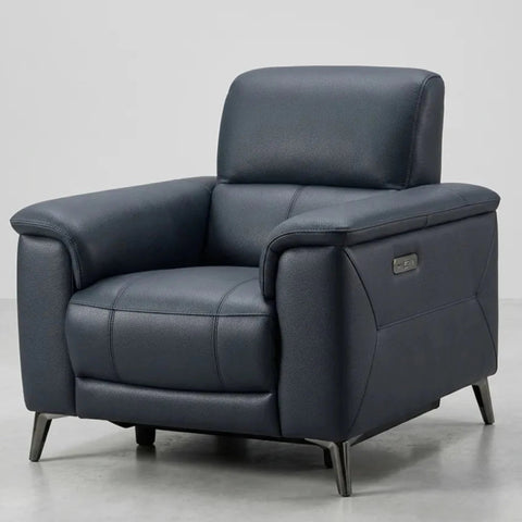 Modern leather recliner chair with USB charging and soft cushioning.