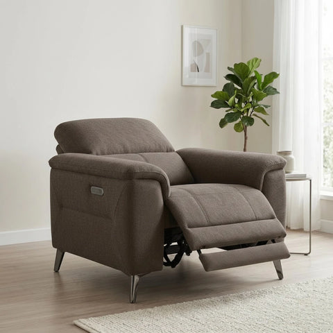 Stylish single recliner chair with power function and padded arms.
