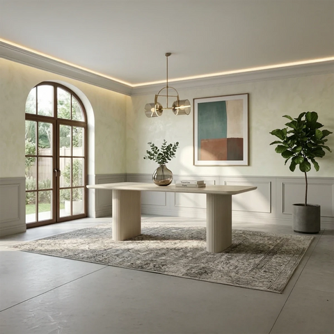 Nerio Dining Table Satin Cream Base & Travertine Top 180cm