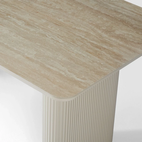 Nerio Dining Table Satin Cream Base & Travertine Top 180cm