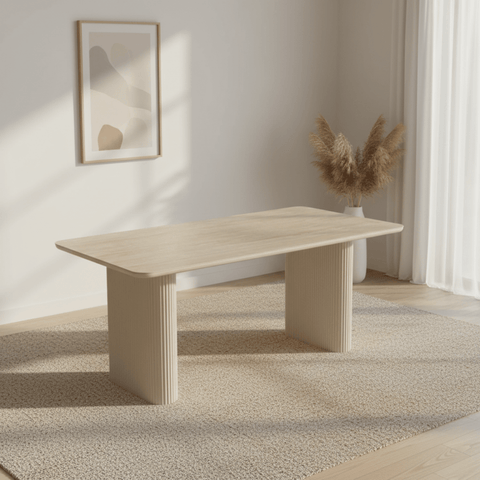Nerio Dining Table Satin Cream Base & Travertine Top 180cm