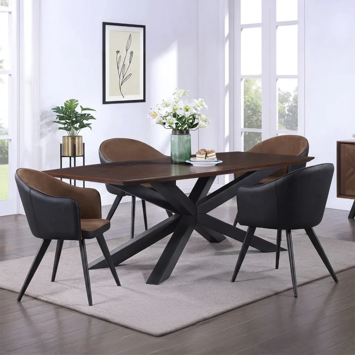 Nevada 1.5M Mindi Wood Dining Table with 4 San Remo Brown Dining Chairs
