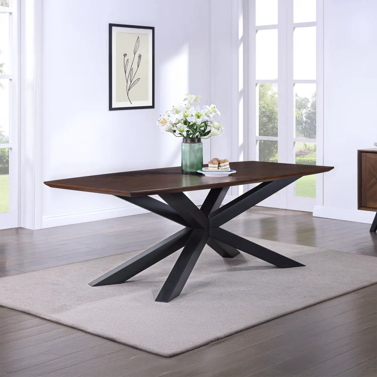 Dark Wood Dining Table with Black Cross Leg Base - Industrial Style