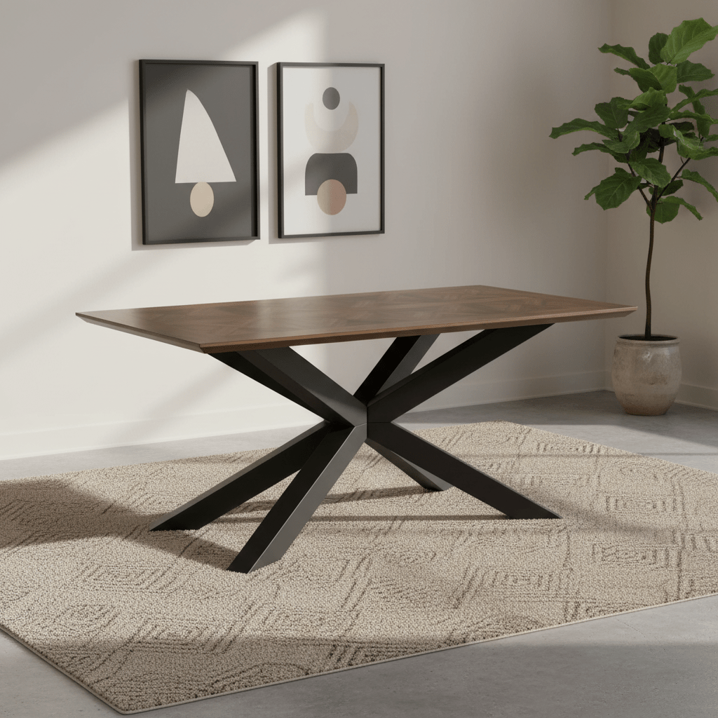A rectangular dining table with a medium brown wood grain top and a black metal X-shaped base, styled on a textured beige rug in a modern room setting.