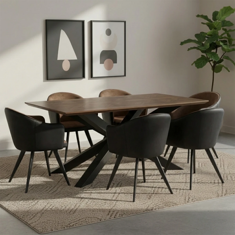 Nevada 2.1M Mindi Wood Dining Table with 6 San Remo Brown Dining Chairs