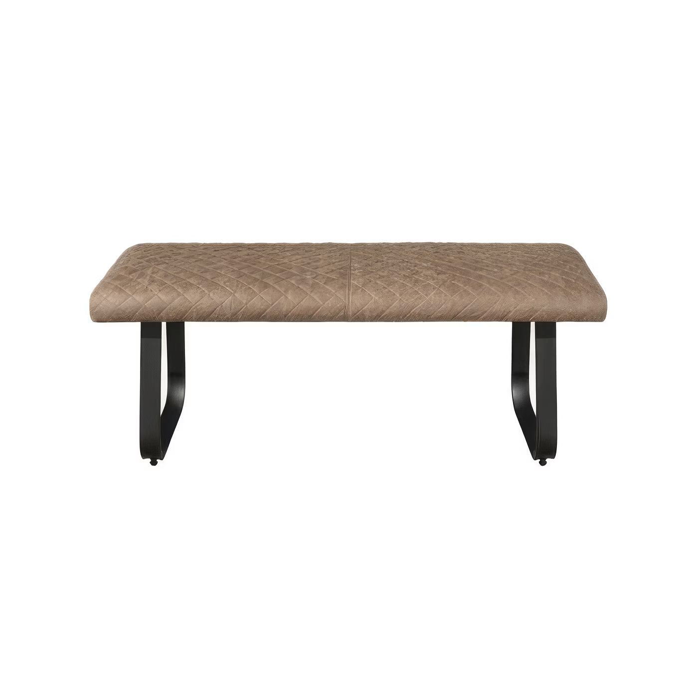 A modern backless dining bench with a quilted taupe-brown upholstered seat and black metal legs, shown against a plain white background.