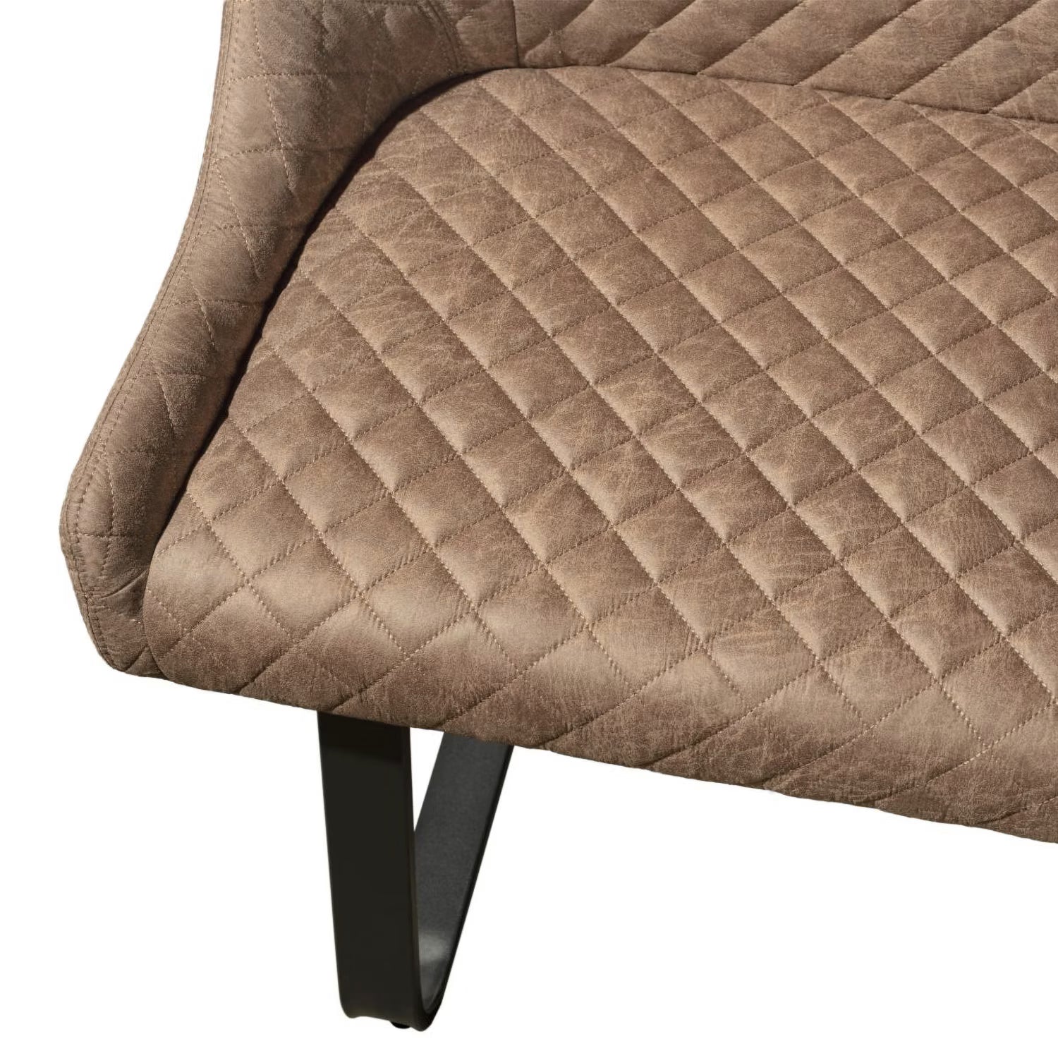 Close-up of a Tan quilted faux leather upholstered Dining Bench with Black Metal Legs