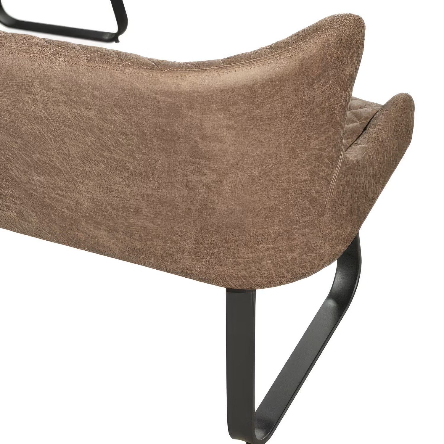 Close-up of a brown distressed faux leather upholstered dining bench with a textured faux-leather finish and a black metal leg, shown against a white background.