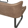 Close-up of a brown distressed faux leather upholstered dining bench with a textured faux-leather finish and a black metal leg, shown against a white background.