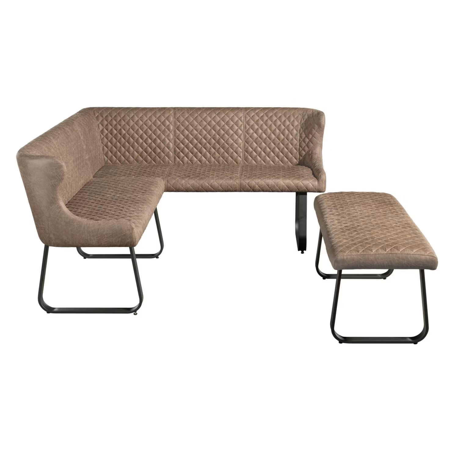 An L-shaped upholstered corner Earth Hoxton Dining bench with a matching backless bench, both in a taupe-brown quilted fabric with black metal legs, shown on a plain white background.