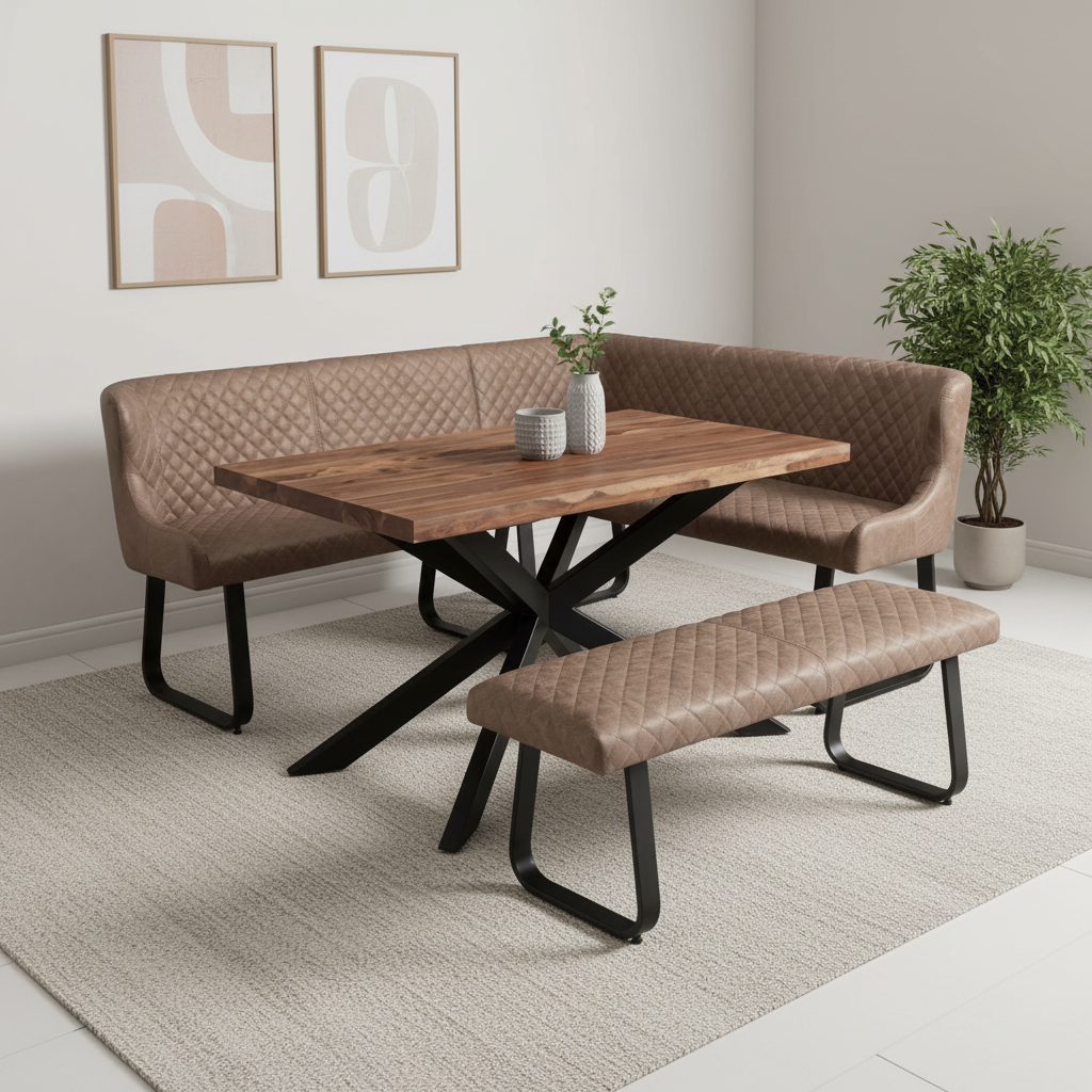 A modern L-shaped corner Earth Hoxton dining set with a wooden table, quilted brown upholstered bench, and matching bench, styled in a bright dining room setting.