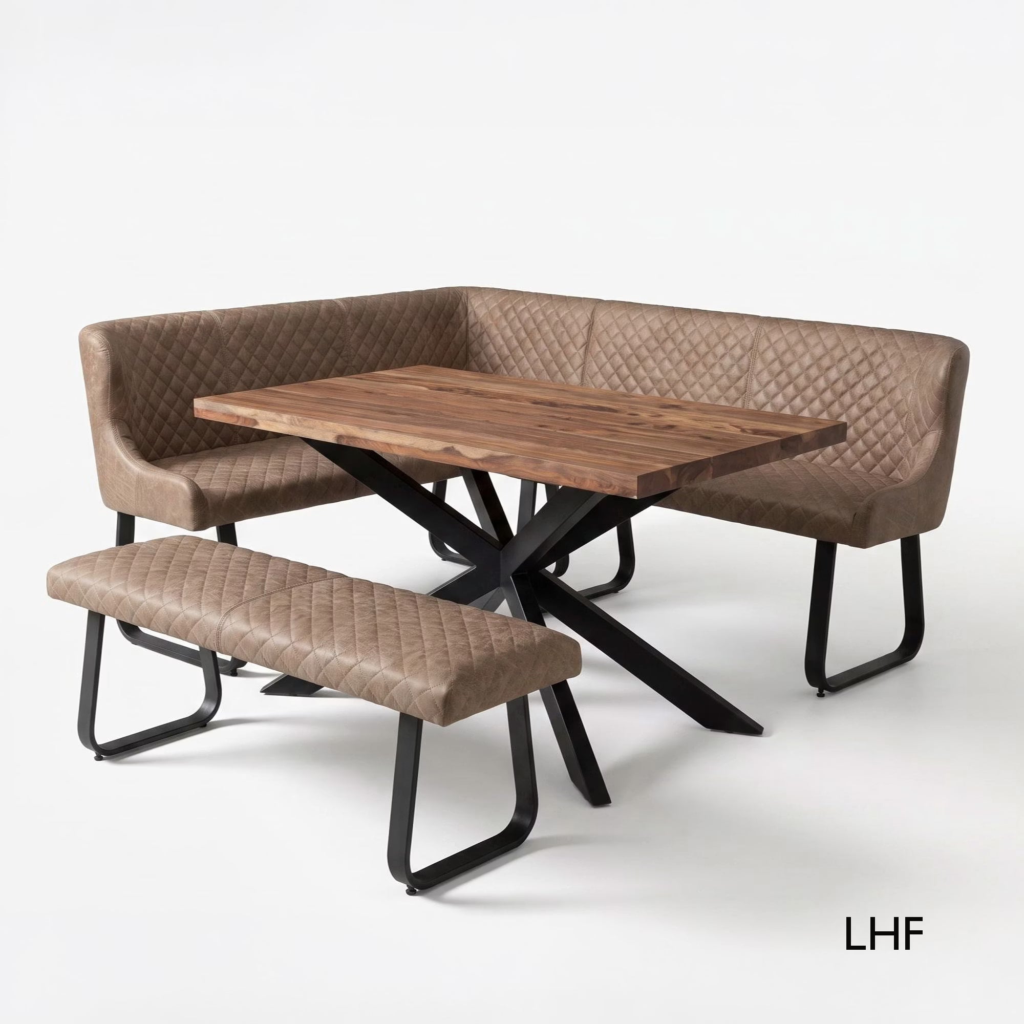 A modern dining set featuring a rectangular wooden table with a black metal X-frame base, flanked by a curved upholstered booth and a matching bench in taupe-brown quilted leather, set against a plain white studio background.