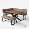 A modern dining set featuring a rectangular wooden table with a black metal X-frame base, flanked by a curved upholstered booth and a matching bench in taupe-brown quilted leather, set against a plain white studio background.