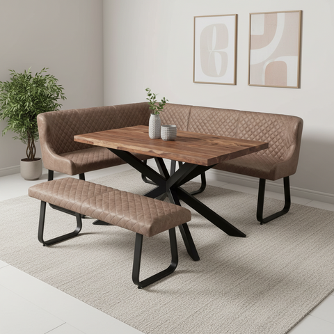 A modern 5-piece Earth dining set featuring a rectangular wooden table with a black metal X-frame base, a matching quilted brown faux-leather bench, and a matching bench seat, styled in a bright dining room setting.