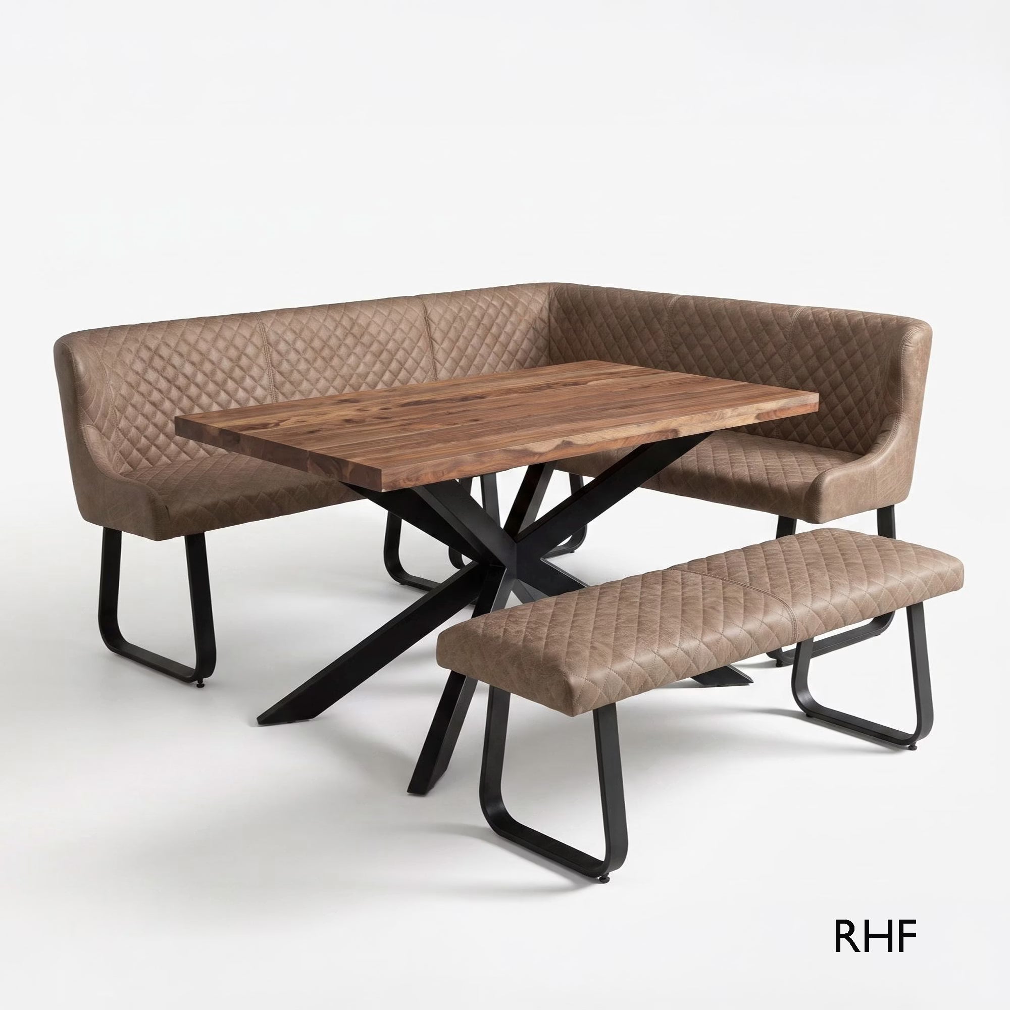 A modern 5-piece dining set featuring a rectangular wooden table with a black metal X-frame base, a corner booth upholstered in brown diamond-quilted faux leather, and a matching rectangular bench.