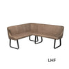 An L-shaped corner upholstered dining bench with quilted diamond-patterned brown fabric and black metal legs, shown on a plain white background with the text 'LHF' in the bottom right corner.