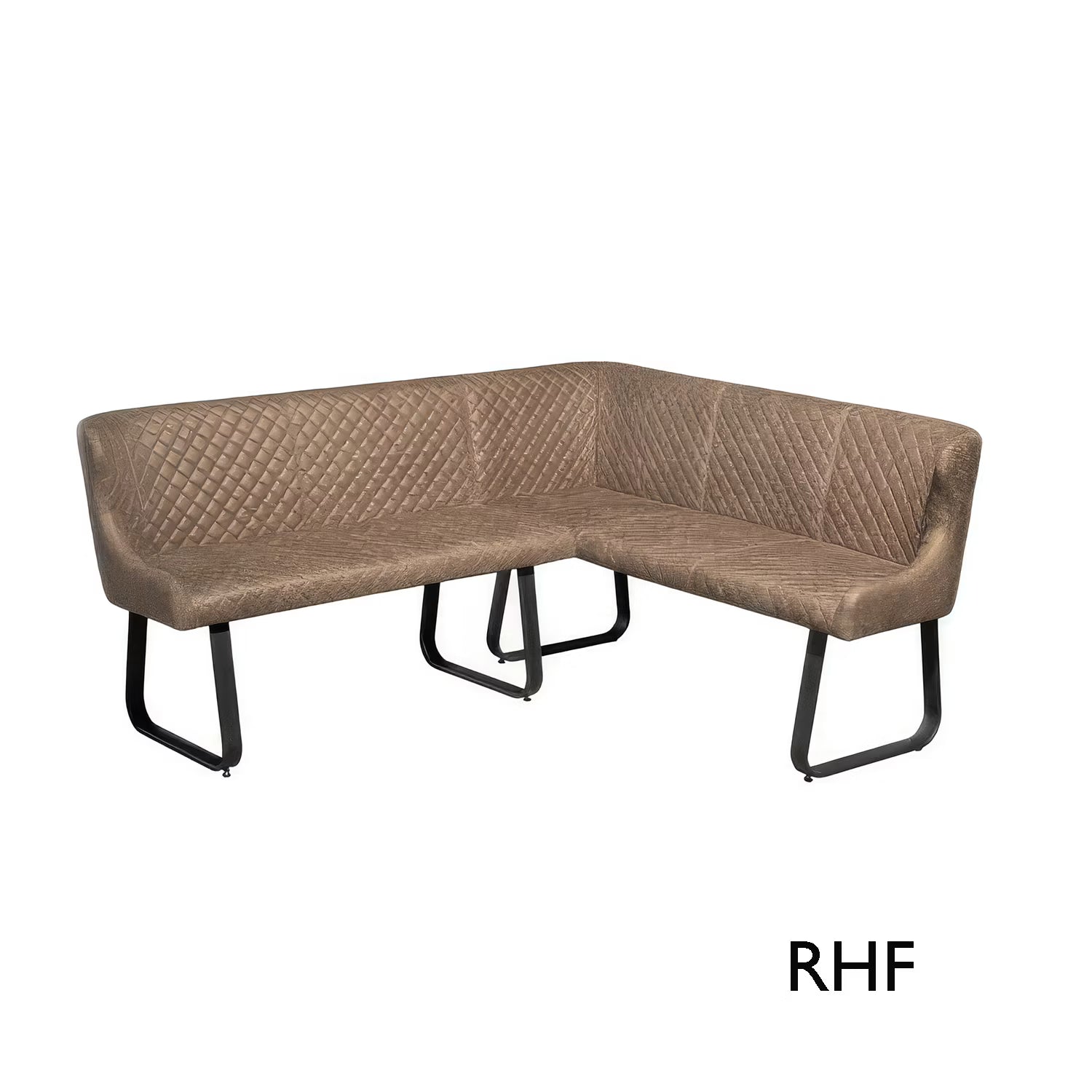 An L-shaped corner upholstered dining bench with quilted diamond stitching on a taupe-brown fabric, supported by black metal legs, shown on a white background with the text 'RHF' in the bottom right corner.