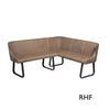An L-shaped corner upholstered dining bench with quilted diamond stitching on a taupe-brown fabric, supported by black metal legs, shown on a white background with the text 'RHF' in the bottom right corner.
