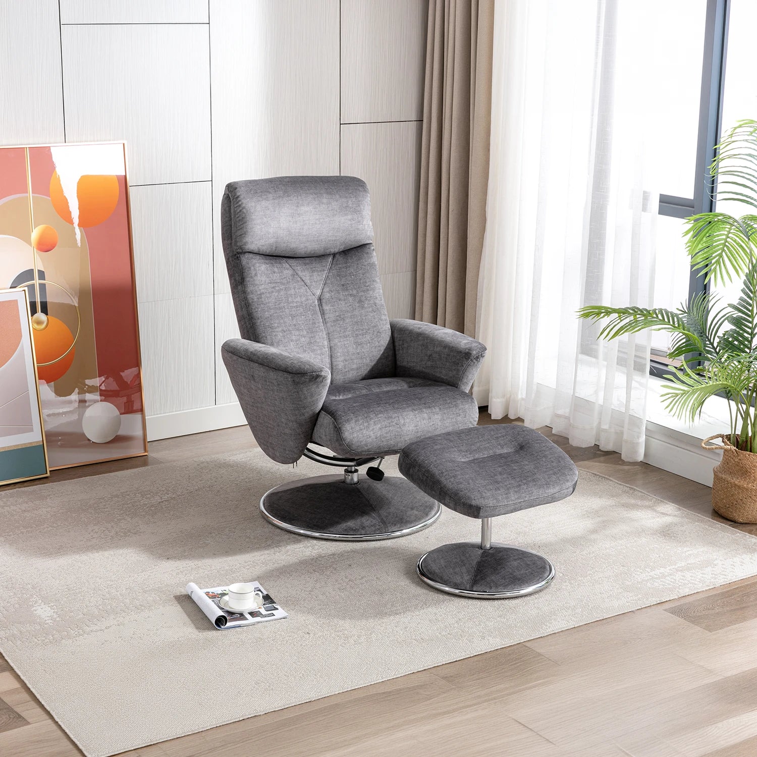 Shop the Nicce fabric swivel recliner chair with matching footstool. 360° swivel and manual recline in Deep Blue, Graphite, Champagne or Moss Green.
