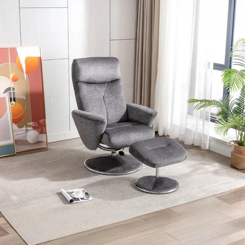 Shop the Nicce fabric swivel recliner chair with matching footstool. 360° swivel and manual recline in Deep Blue, Graphite, Champagne or Moss Green.