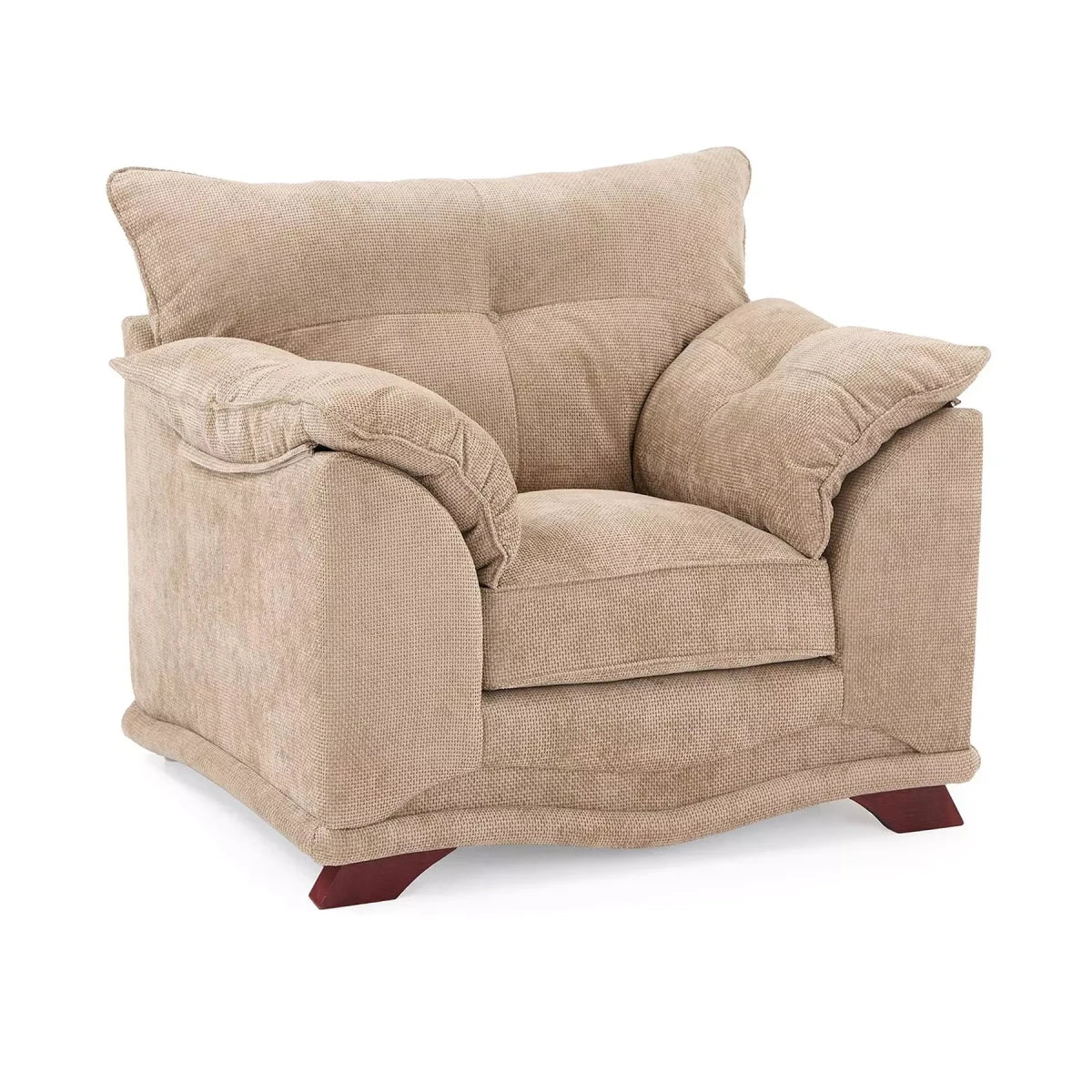 Beige armchair with wooden legs on a white background