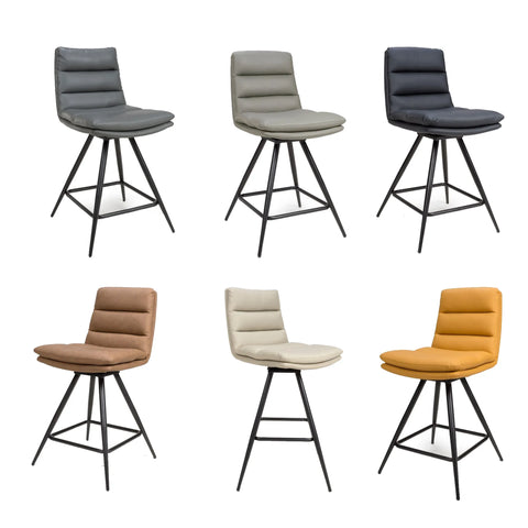 Nobel swivel counter chair with 360° turn, PVC seat & black legs. Soft stitched back, 610mm height, modern colours. Stylish for any kitchen bar. Available in Taupe, Grey, Tan, Black, Grey, Truffle