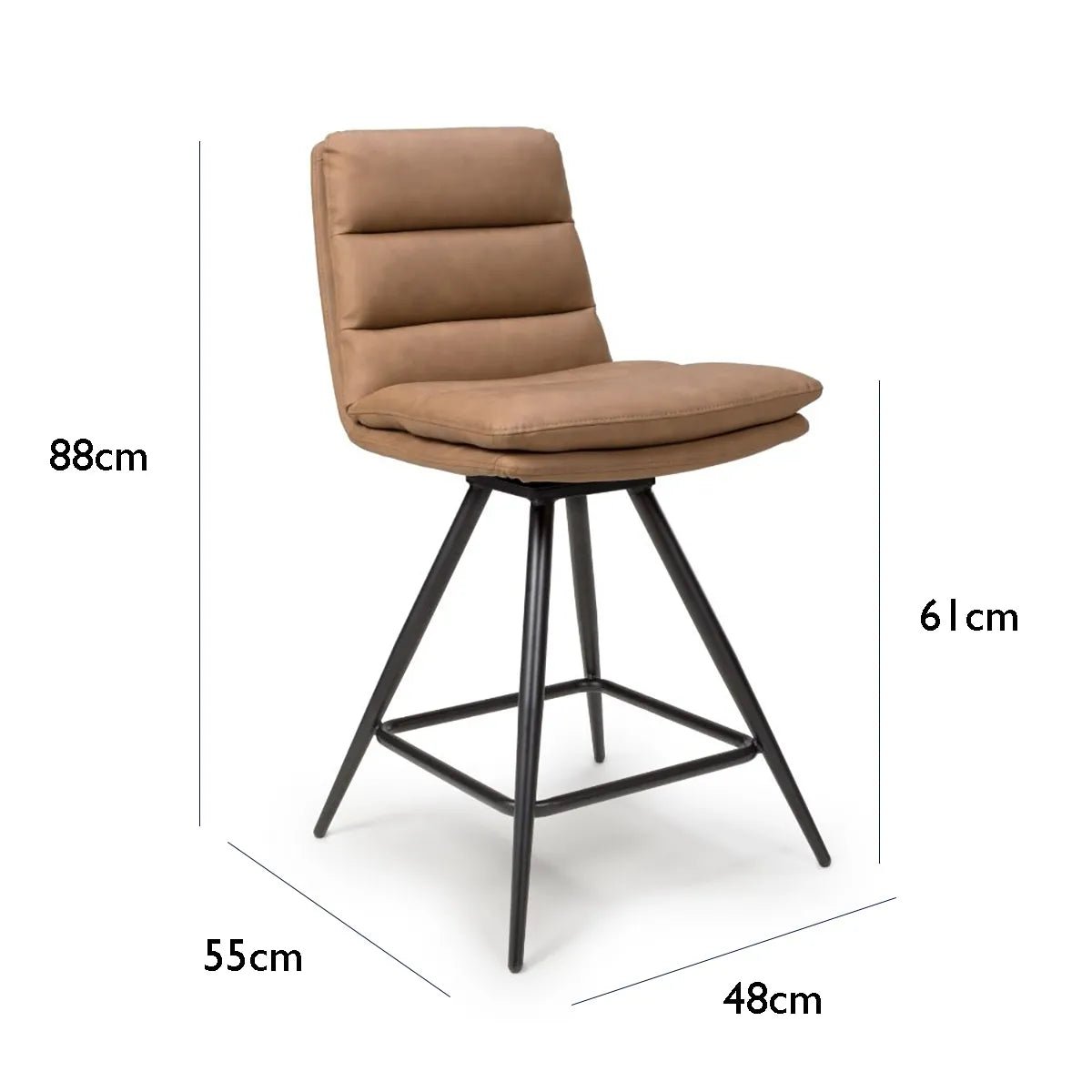 Nobel Tan swivel counter chair with 360° turn, PVC seat & black legs. Soft stitched back, 610mm height, modern colours. Stylish for any kitchen bar.